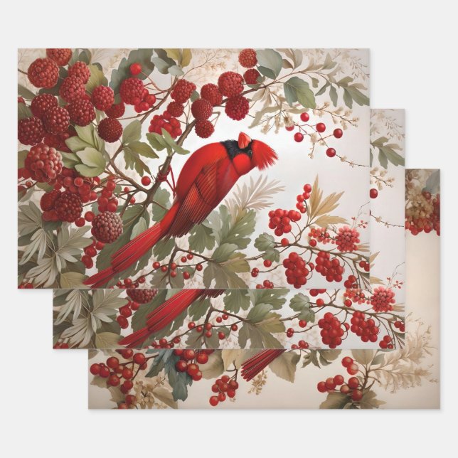 Feuille De Papier Cadeau Baies rouges d'oiseaux du Cardinal Nord (Lot)