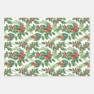 Feuille De Papier Cadeau Baies Rouges Houx Vert Floral Noël Fêtes