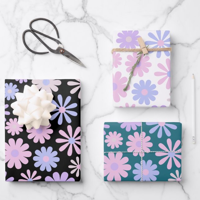 Feuille De Papier Cadeau Baies Super rétro Doux rose bleu violet (Recto)