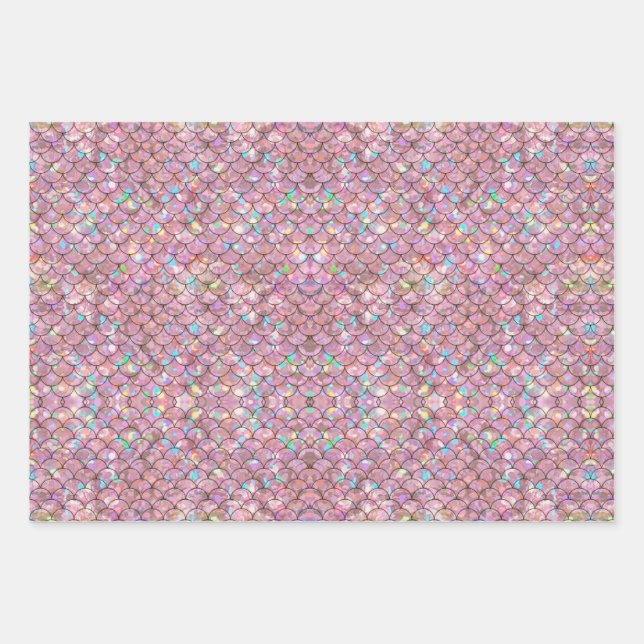 Feuille De Papier Cadeau Balances de poissons de sirènes roses Holographiqu (Devant)