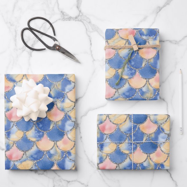 Feuille De Papier Cadeau Balances de sirène bleu, jaune et argent (Recto)