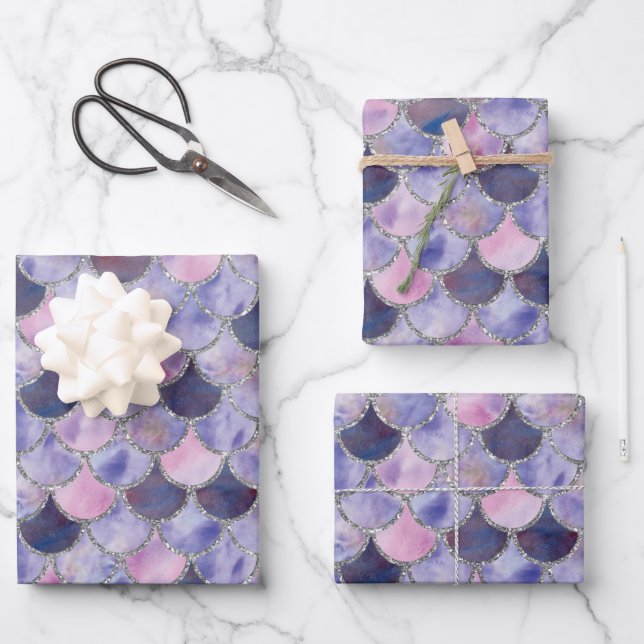 Feuille De Papier Cadeau Balances de sirène violet, rose et argent (Recto)