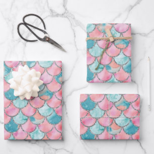 Feuille De Papier Cadeau Balances de sirènes turquoise, rose et argent