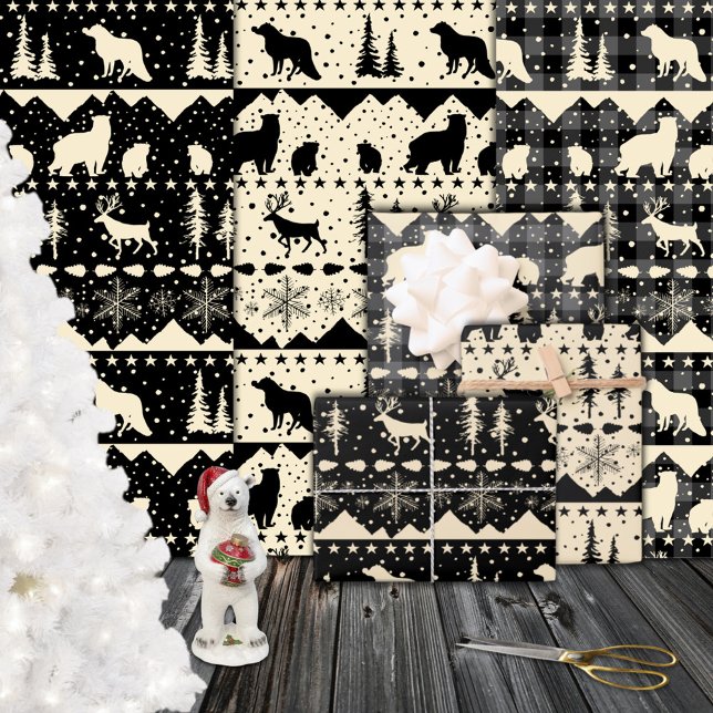 Feuille De Papier Cadeau Balayage nordique Beige Noir Plaid Animaux d'hiver (Nordic Sweater Beige Black Plaid Winter Animals Wrapping Paper Sheets)