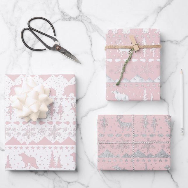 Feuille De Papier Cadeau Balayage nordique Rose Blanc Argent Animaux d'hive (Recto)
