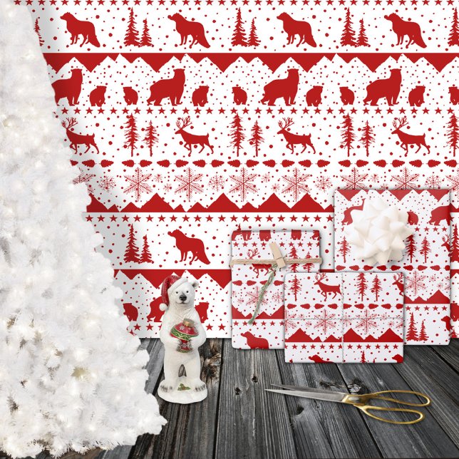 Feuille De Papier Cadeau Balayage nordique Rouge Animaux d'hiver Blanc (Nordic Sweater Red Winter Animals White Christmas Holiday Gift Wrapping Paper Sheets Trio)