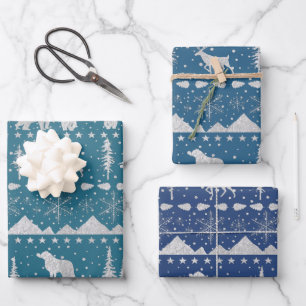 Feuille De Papier Cadeau Balayage nordique Silver Winter Animaux Tons Bleus
