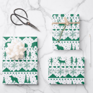 Feuille De Papier Cadeau Balayage nordique Vert Animaux d'hiver Blanc