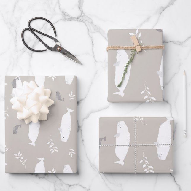 Feuille De Papier Cadeau Baleine Bébée Beluga sur Pastel Grey Illustration (Recto)