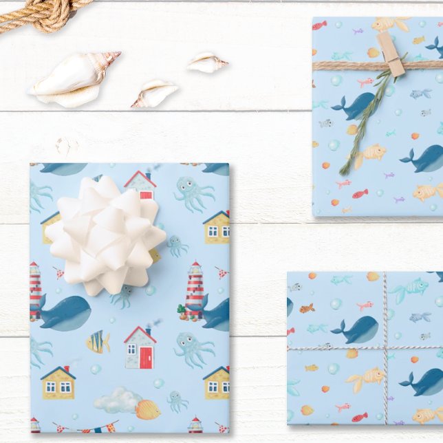 Feuille De Papier Cadeau Baleine nautique (Whimsical Nautical Gift Wrap)