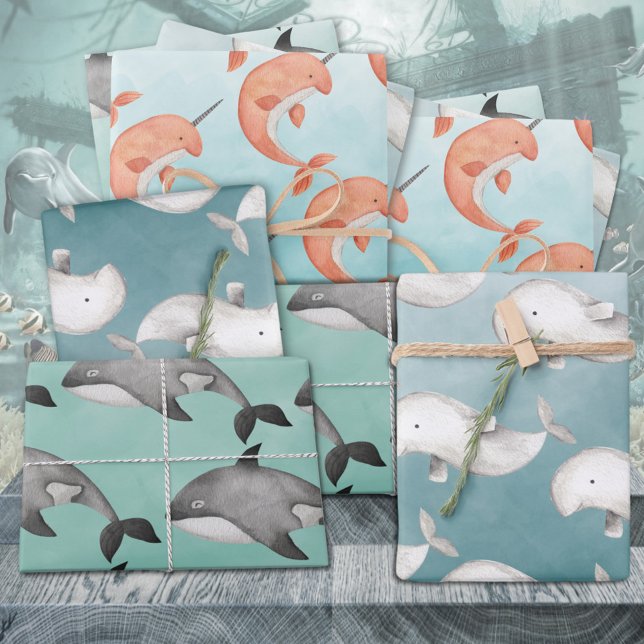 Feuille De Papier Cadeau Baleines Beluga Narwhal Sous L'Océan Bleu Profond (Narwhal Beluga Whales Under The Deep Blue Ocean Gift Wrapping Paper Sheets Trio)