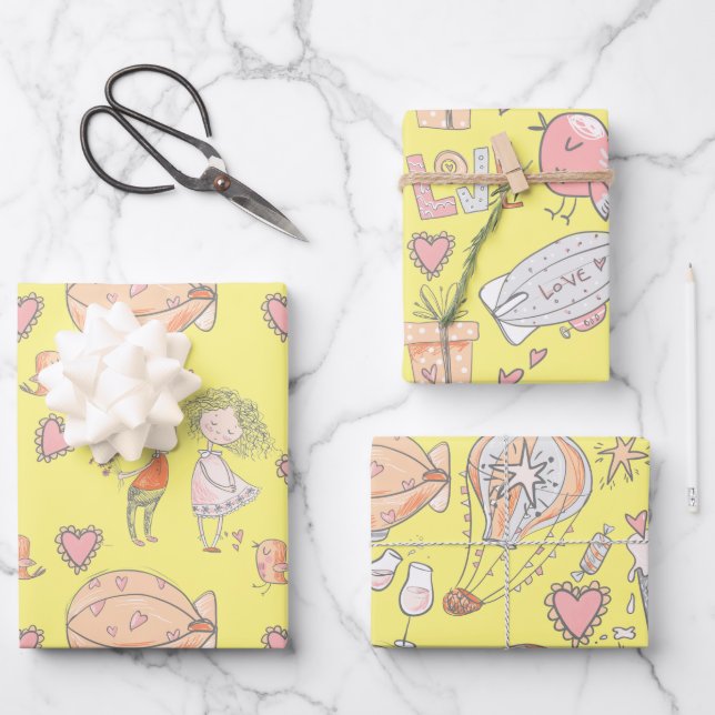 Feuille De Papier Cadeau Balle à air chaud de Whimsical, mignons inséparabl (Recto)