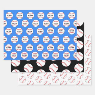 Feuille De Papier Cadeau Balle de Baseball Bleu Motif Enfants Nom