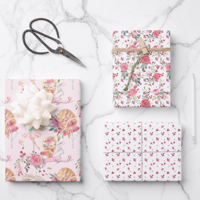 Feuille De Papier Cadeau Ballerina Bunny à la flore rose (Recto)