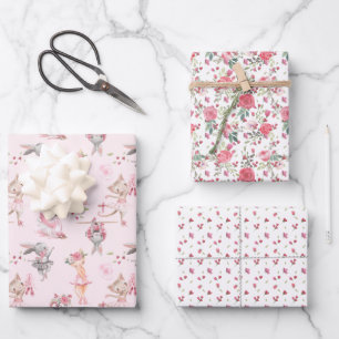 Feuille De Papier Cadeau Ballerina Bunny et Kitty à la flore rose