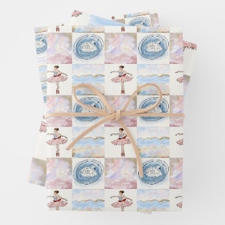 Feuille De Papier Cadeau Ballerine Coquette et Cygne Grille Pastel Sans Fin