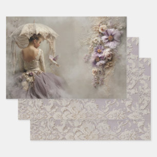 Feuille De Papier Cadeau Ballerine de Rêverie Lilas & Fond en Damas Relief