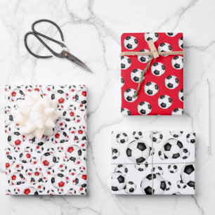 Feuille De Papier Cadeau balles de football sports motif rouge noir couleur