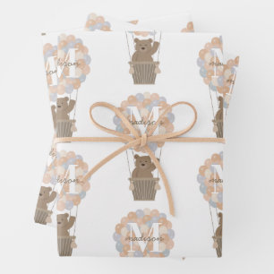 Feuille De Papier Cadeau Ballons à air chaud de l'ours mou Monogramme Neutr