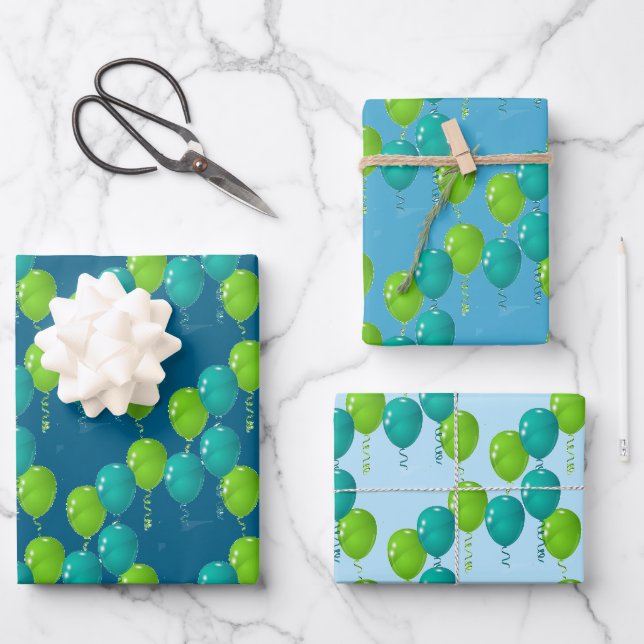 Feuille De Papier Cadeau Ballons bleu vert Design (Recto)