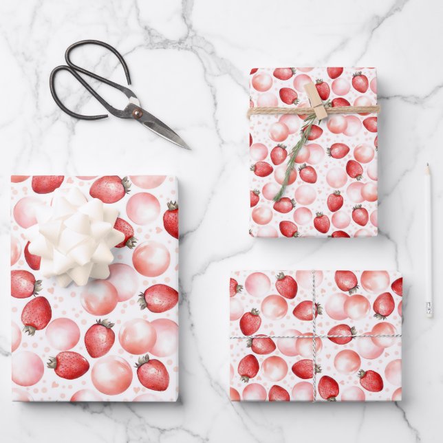Feuille De Papier Cadeau Ballons roses et fraises rouges Berry doux (Recto)