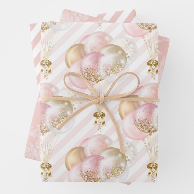 Feuille De Papier Cadeau Balloons rose et or Motif Baby Girl (En situation)