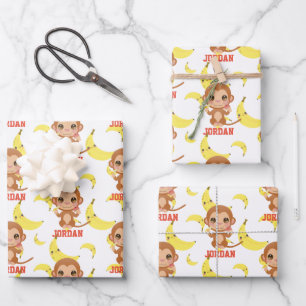 Feuille De Papier Cadeau Banana Baby Monkey Joyeux anniversaire