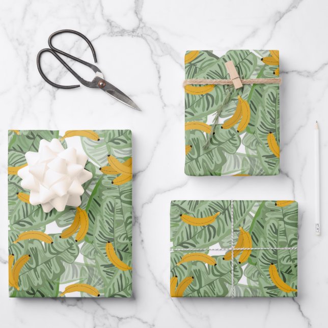Feuille De Papier Cadeau Banane tropicale moderne Motif vert (Recto)