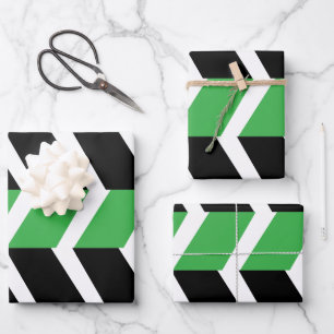 Feuille De Papier Cadeau Bande de Chevron Vert Noir