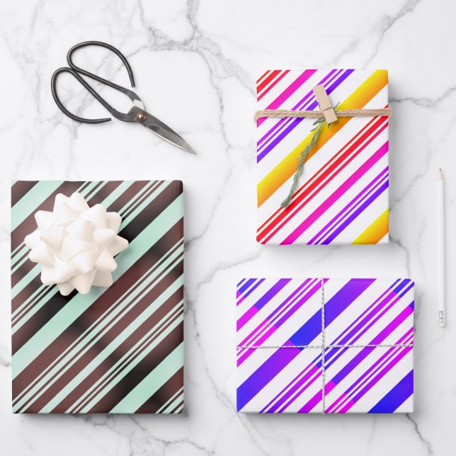 Feuille De Papier Cadeau Bande moderne bleu brun rouge rose violet jaune (Recto)