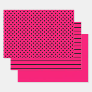 Feuille De Papier Cadeau Bandes à points noirs roses chaudes