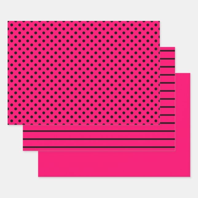 Feuille De Papier Cadeau Bandes à points noirs roses chaudes (Lot)
