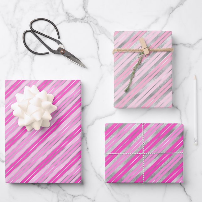 Feuille De Papier Cadeau Bandes argentées et roses (Recto)
