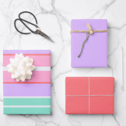 Feuille De Papier Cadeau Bandes Colorées, Rose Corail et Mauve Anniversaire