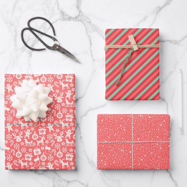 Feuille De Papier Cadeau Bandes de Noël rétro, Pois, Rennes (Recto)