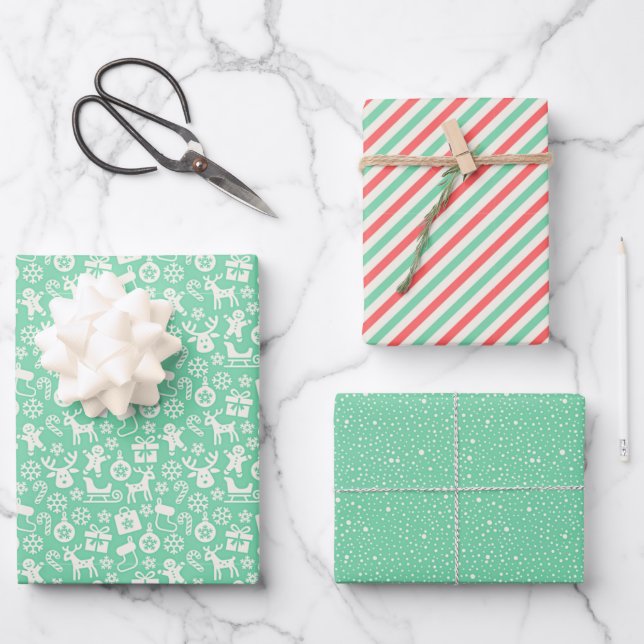 Feuille De Papier Cadeau Bandes de Noël rétro, Pois, Rennes (Recto)