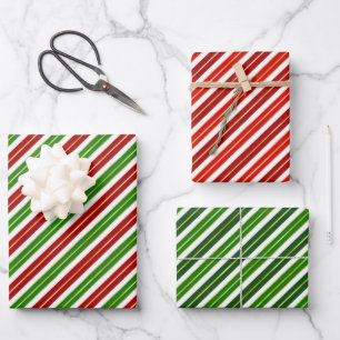 Feuille De Papier Cadeau Bandes de Noël rouge, vert et or