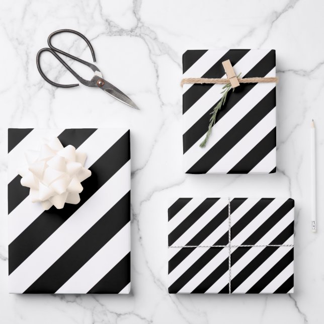 Feuille De Papier Cadeau Bandes Diagonales Noires Et Blanches (Recto)