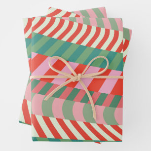 Feuille De Papier Cadeau Bandes géométriques roses vertes rouges colorées m