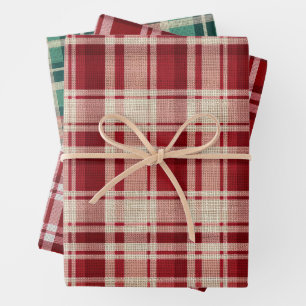 Feuille De Papier Cadeau Bandes Plaid Vert Crème Rouge