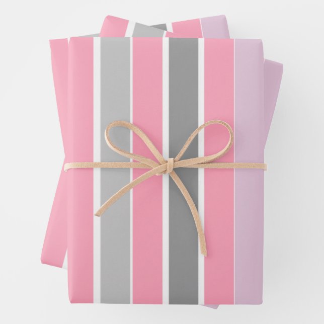 Feuille De Papier Cadeau Bandes roses et gris (En situation)