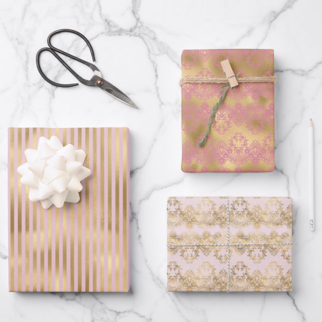 Feuille De Papier Cadeau Bandes roses et or (Recto)