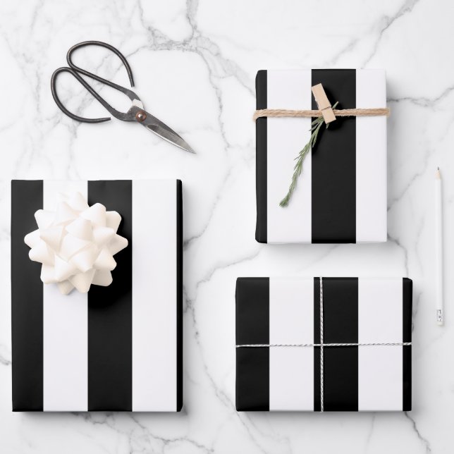 Feuille De Papier Cadeau Bandes Verticales Noires Et Blanches (Recto)