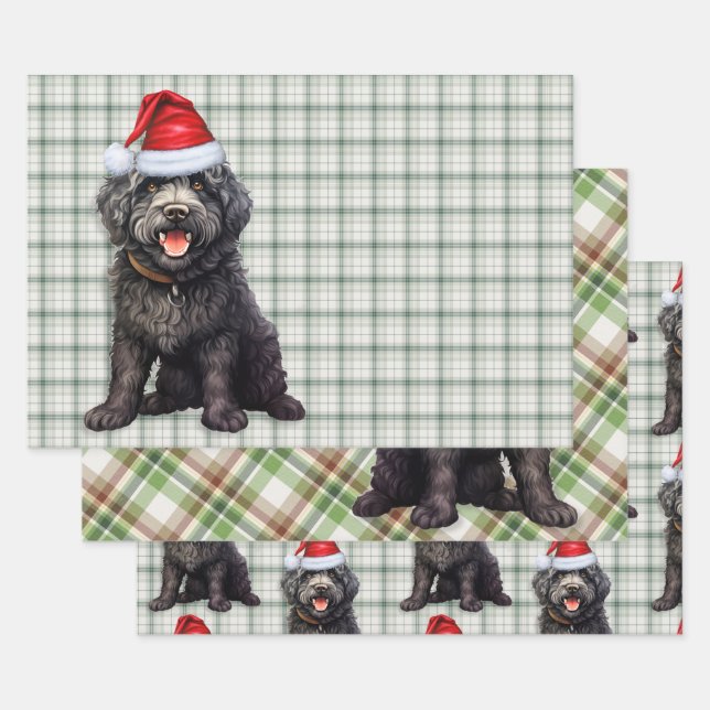 Feuille De Papier Cadeau Barbet Christmas Chien vert Plaid (Lot)