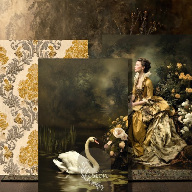 Feuille De Papier Cadeau Baroque Gold Damask Lady Swan Portrait Set (Three baroque art prints flat lay display gold damask lady swan dark moody tones)