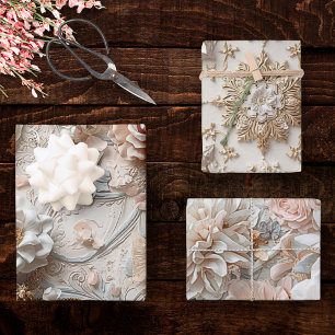 Feuille De Papier Cadeau Barre d'Or Douce Florale Baroque avec Papillons