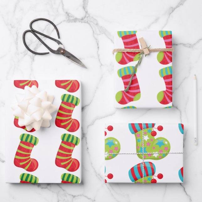 Feuille De Papier Cadeau Bas de Noël festifs sur des motifs blancs (Recto)