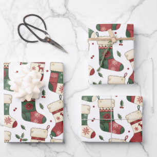 Feuille De Papier Cadeau Bas de Noël patchwork rouge vert blanc