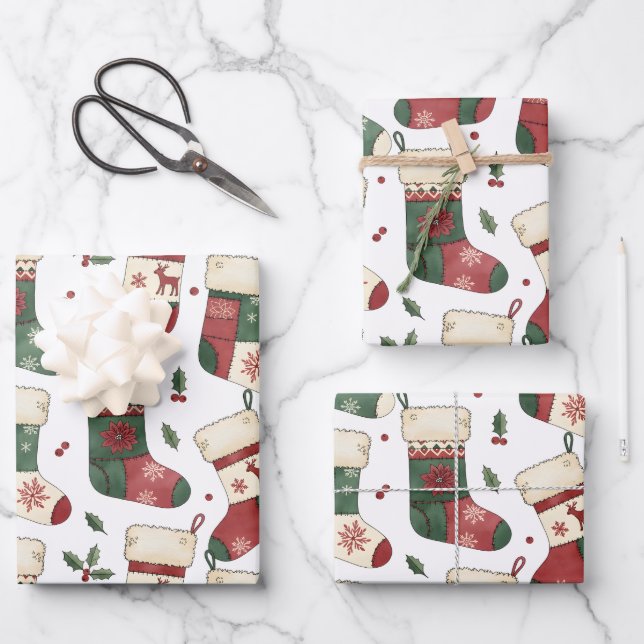Feuille De Papier Cadeau Bas de Noël patchwork rouge vert blanc (Recto)
