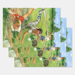 Feuille De Papier Cadeau Baseball Sportif Vintage, Équipes d'Enfants Jouant
